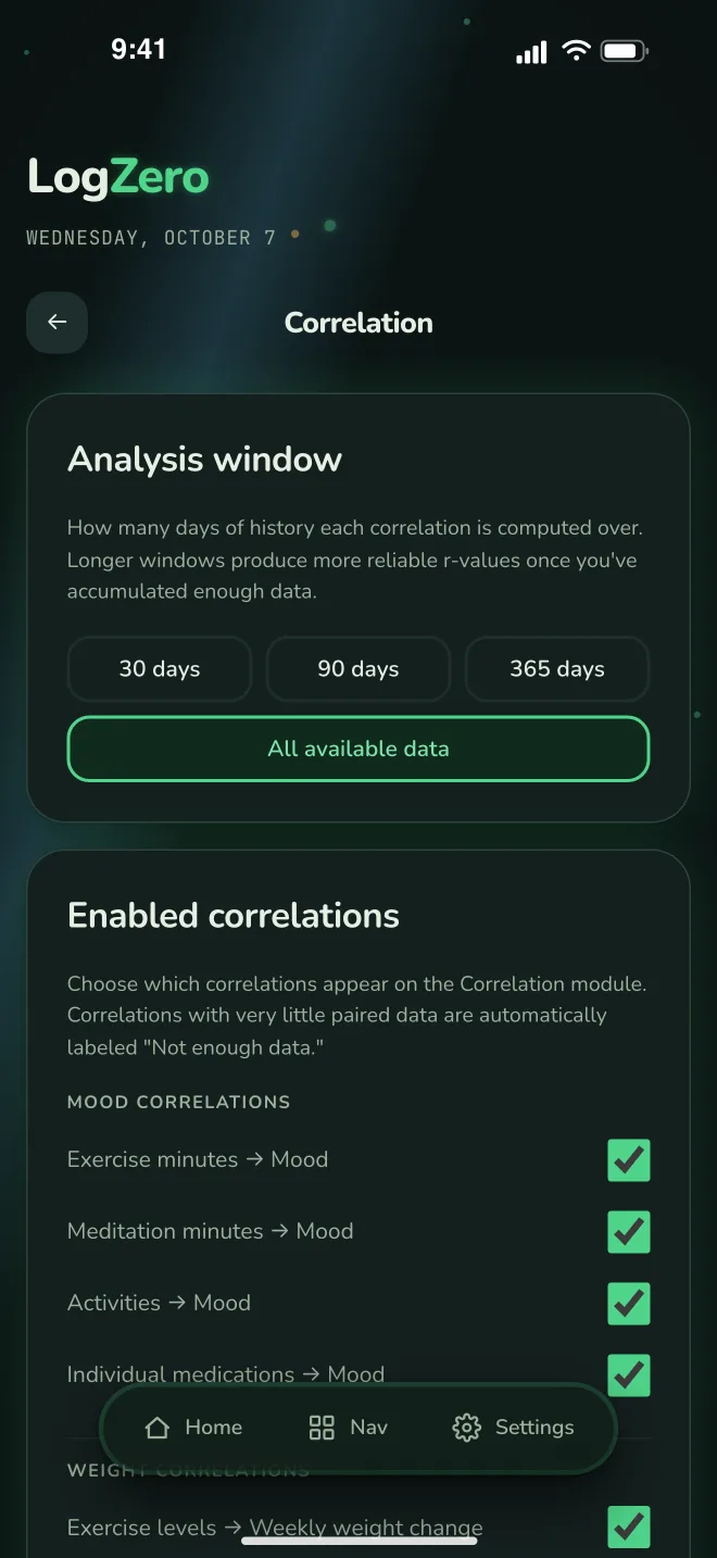 LogZero correlation settings — analysis window and enabled correlations