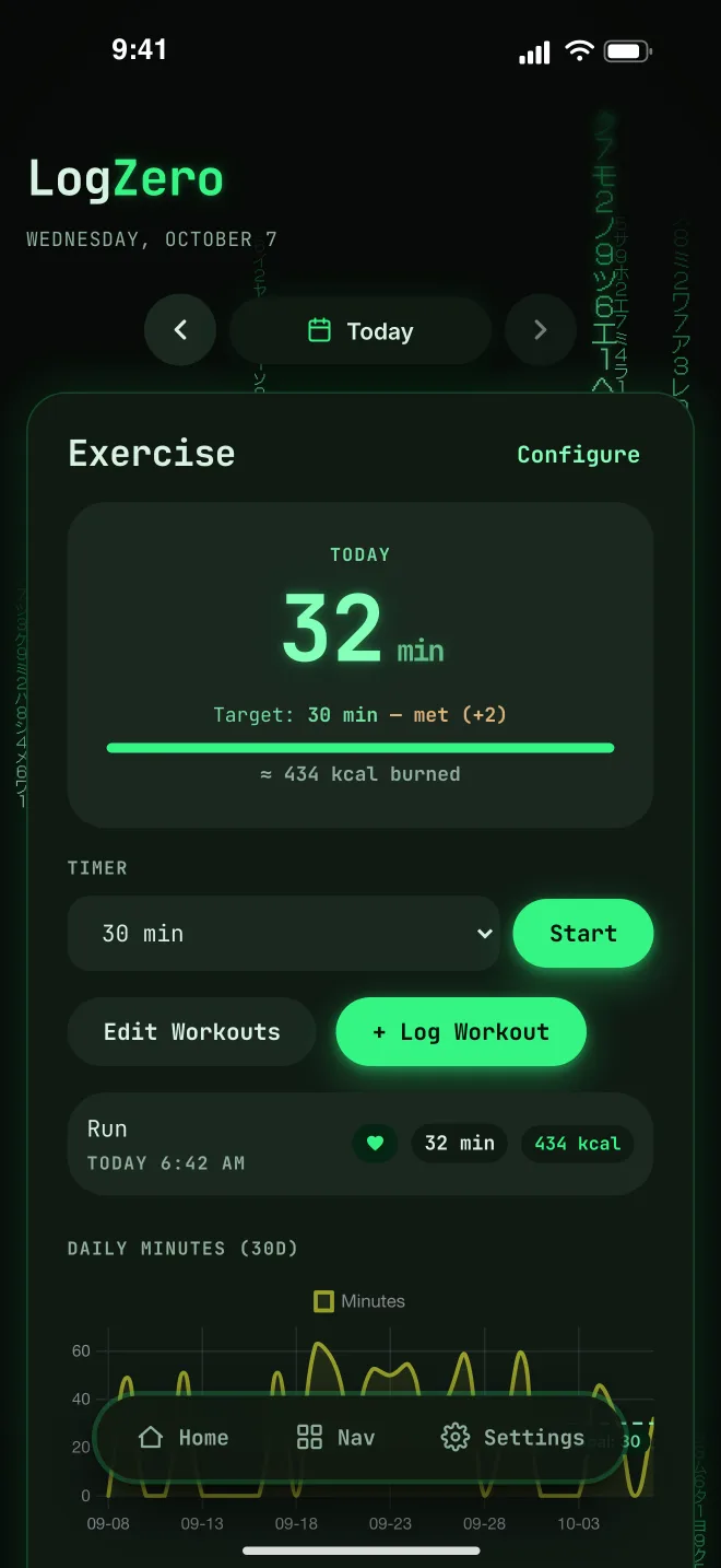 LogZero exercise tracker — today's minutes, timer, and workout log
