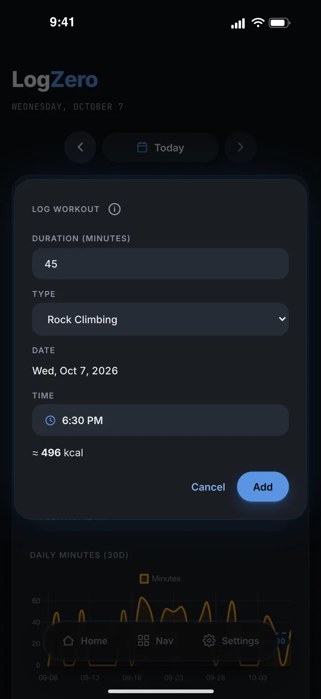 LogZero log workout — rock climbing with a calorie estimate