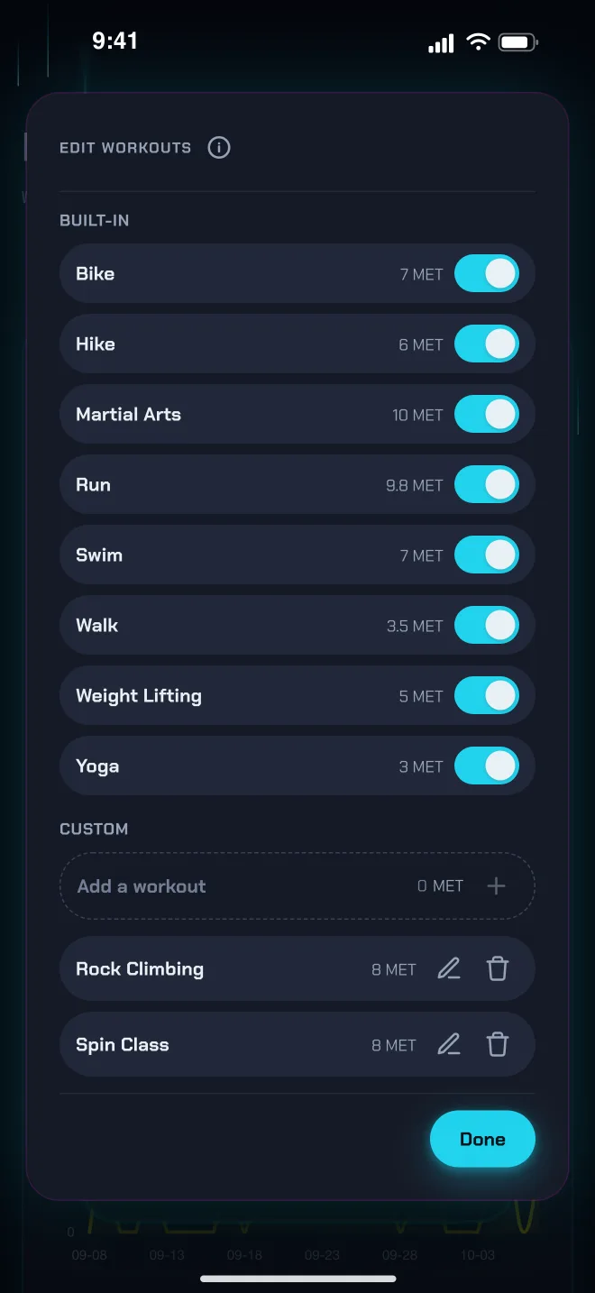 LogZero edit workouts — built-in and custom workout types