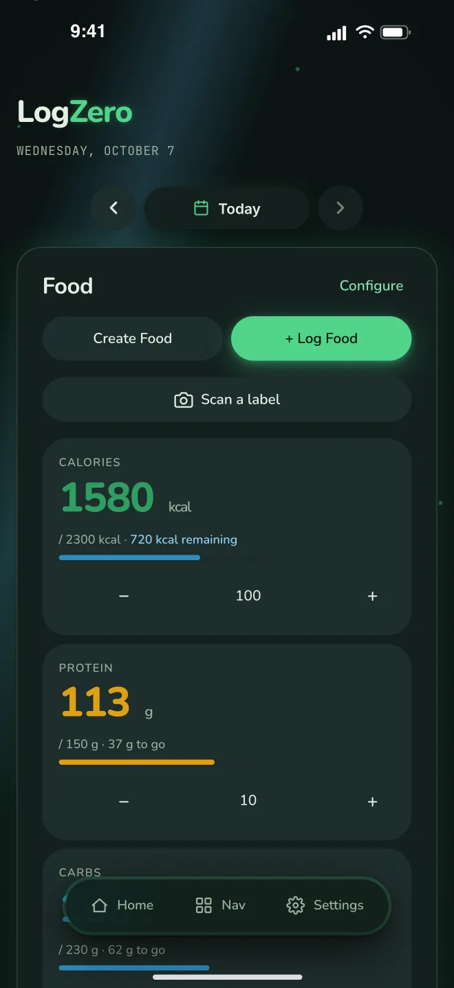 LogZero food log — calories and macros against today's goals