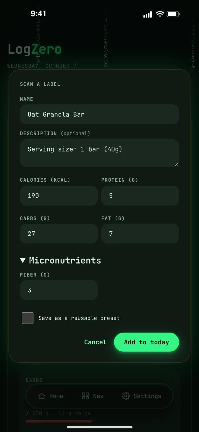 LogZero nutrition label scan — calories and macros filled in from a photo