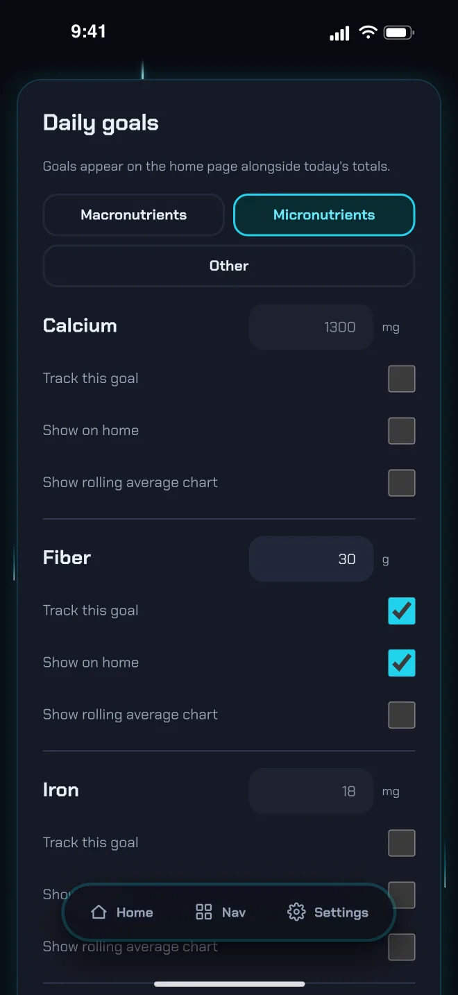 LogZero food settings — micronutrient goals