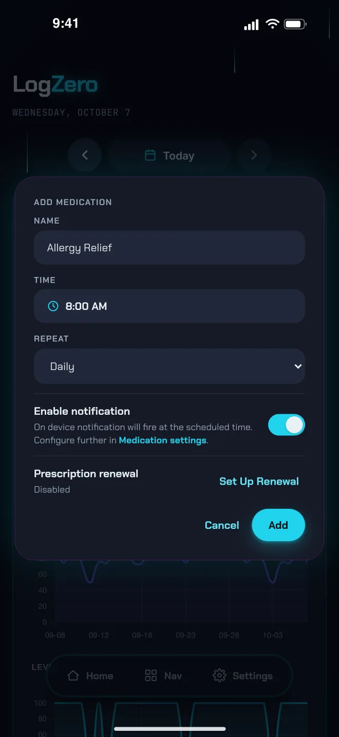 LogZero add medication — daily schedule with an on-device reminder