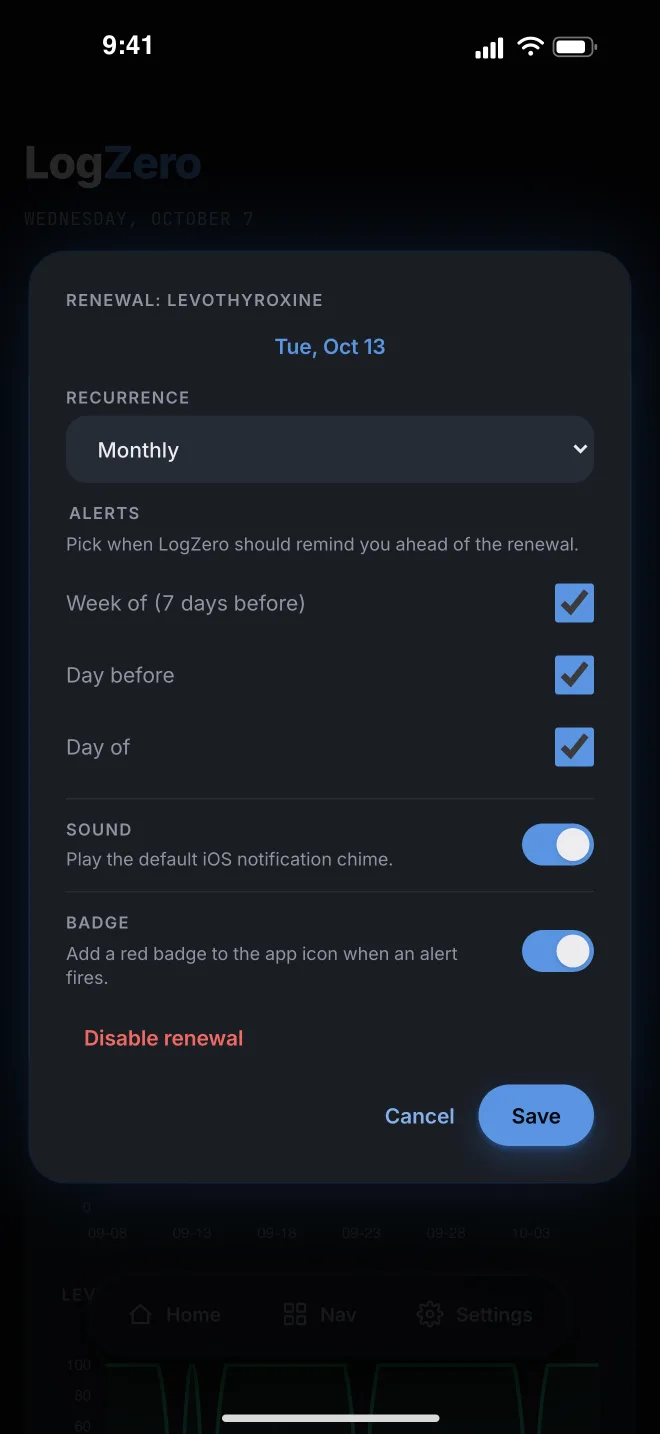 LogZero prescription renewal alerts