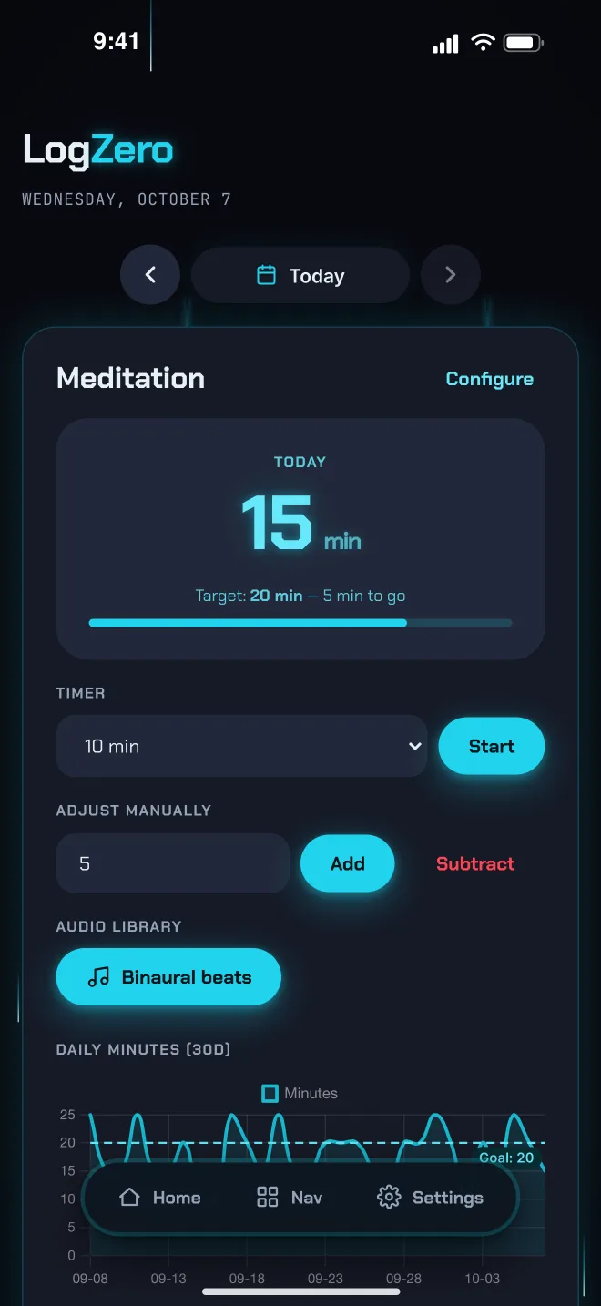 LogZero meditation timer — today's minutes, presets, and daily chart