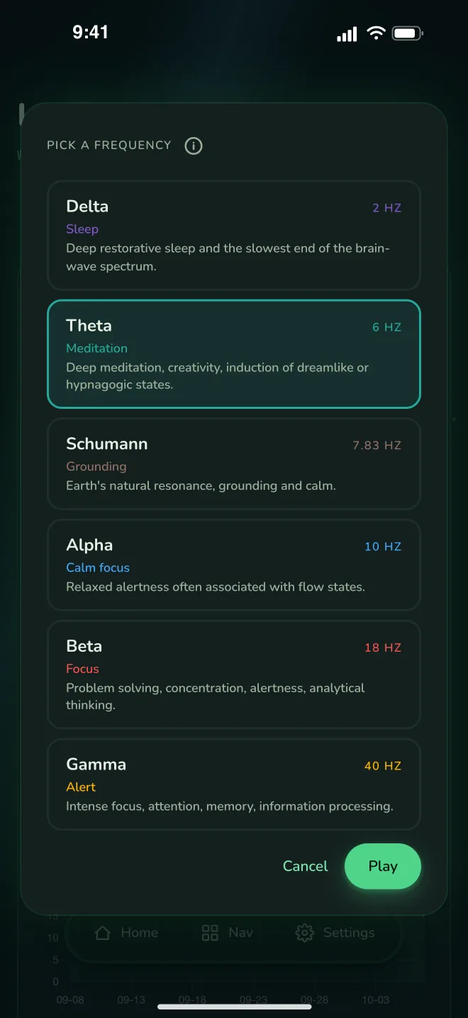 LogZero binaural beats — six frequency presets