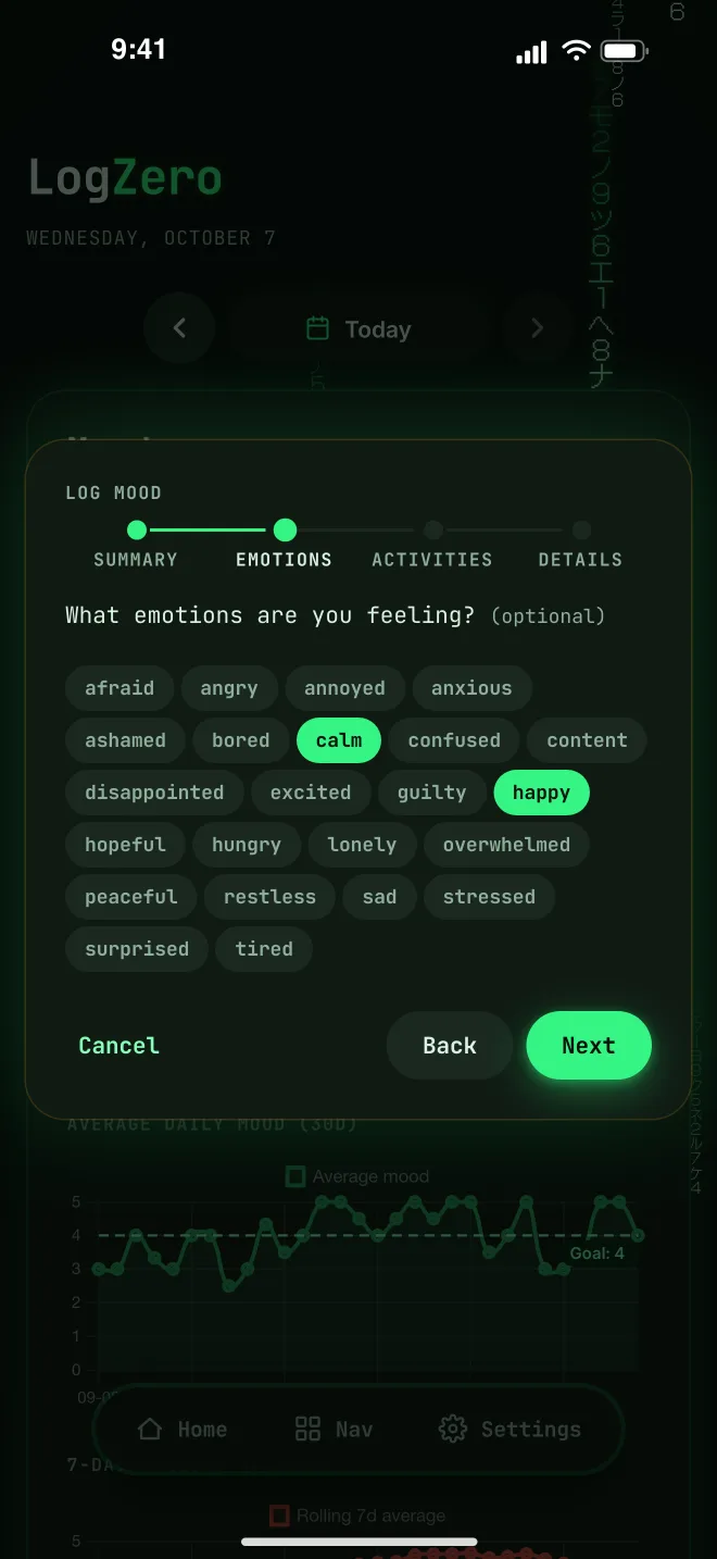 LogZero mood entry — picking emotions