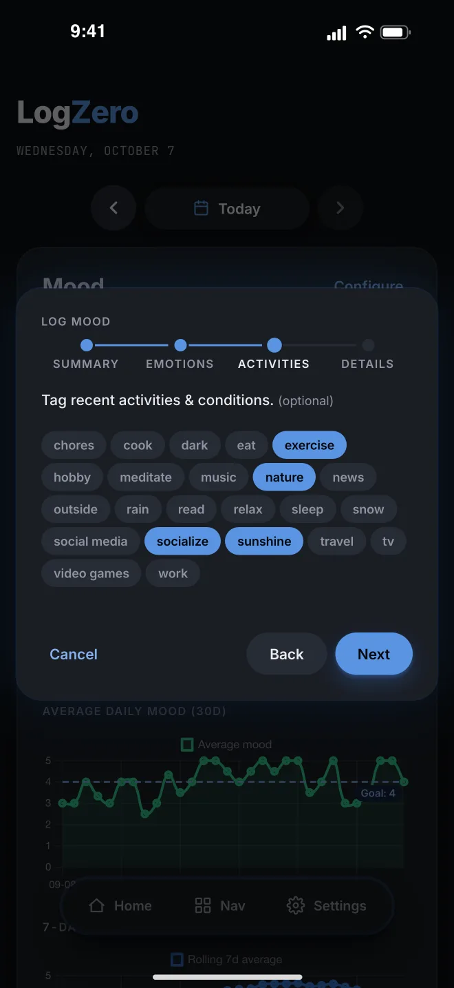 LogZero mood entry — tagging activities and conditions
