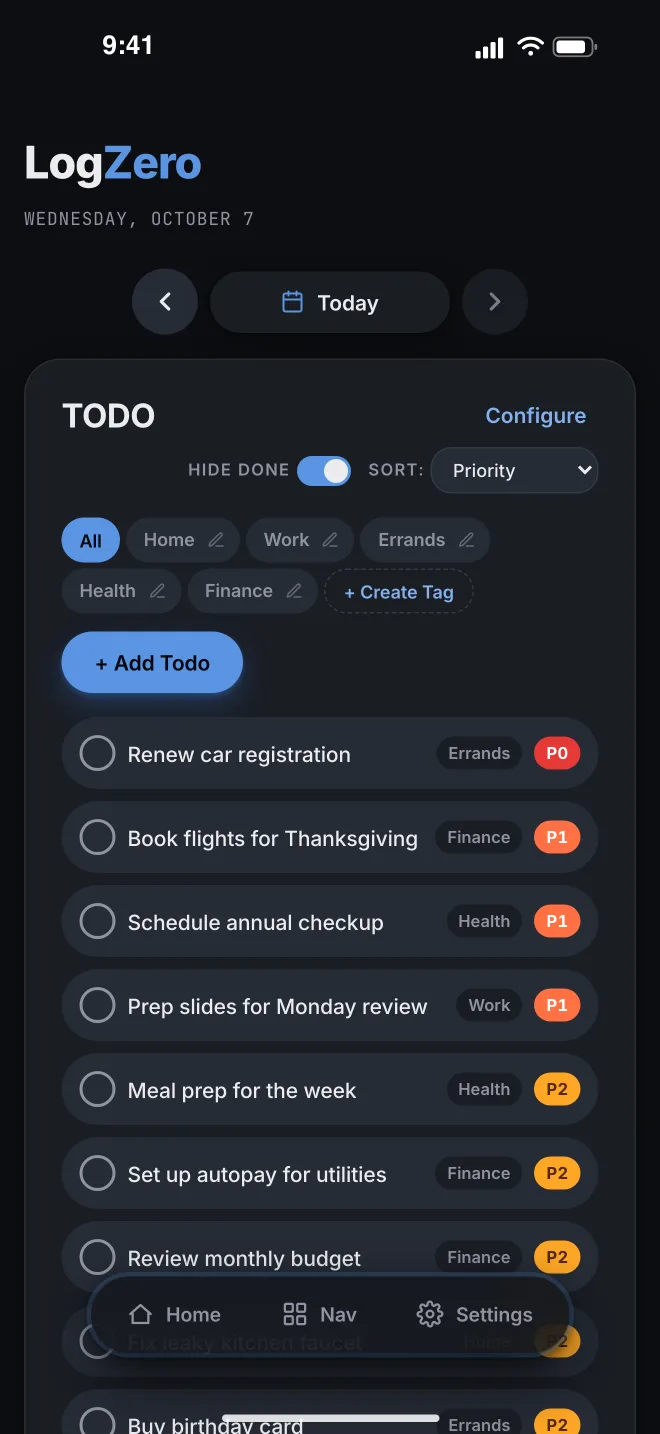 LogZero TODO list — priorities and tags