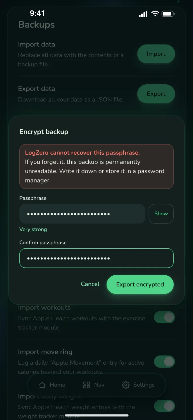 LogZero encrypted backup export with a passphrase