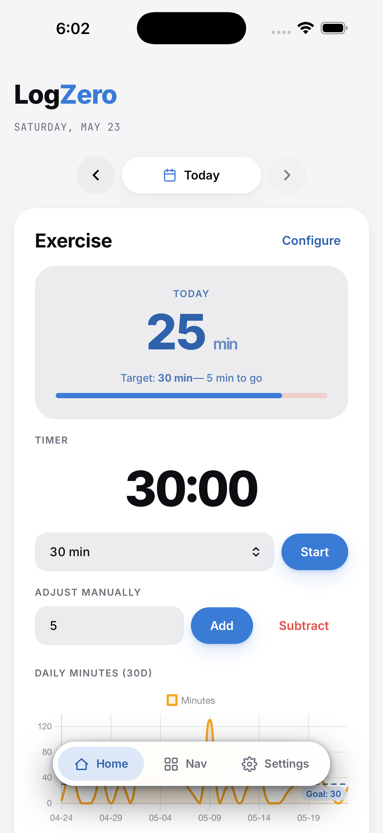 LogZero exercise tracker — timer presets and daily minutes