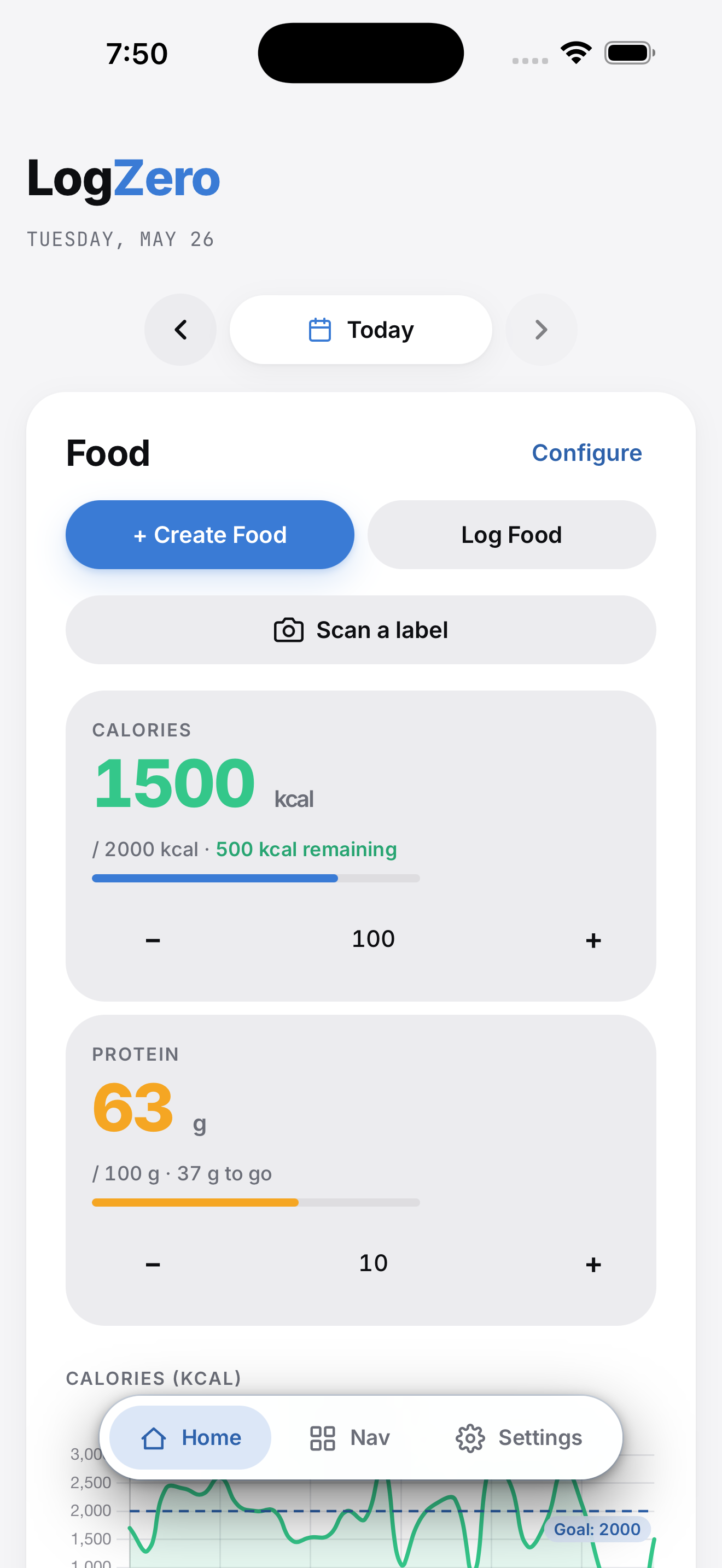 LogZero food log — daily macros and meal entries