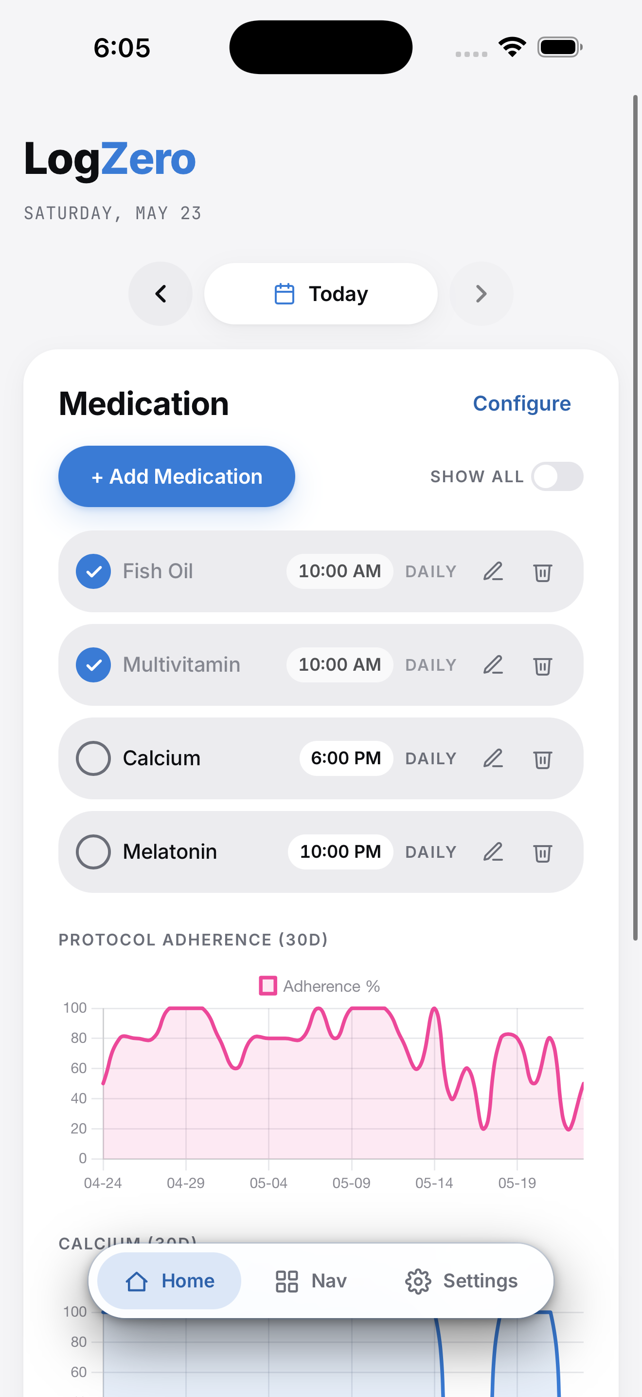 LogZero medication tracker — daily schedule and adherence