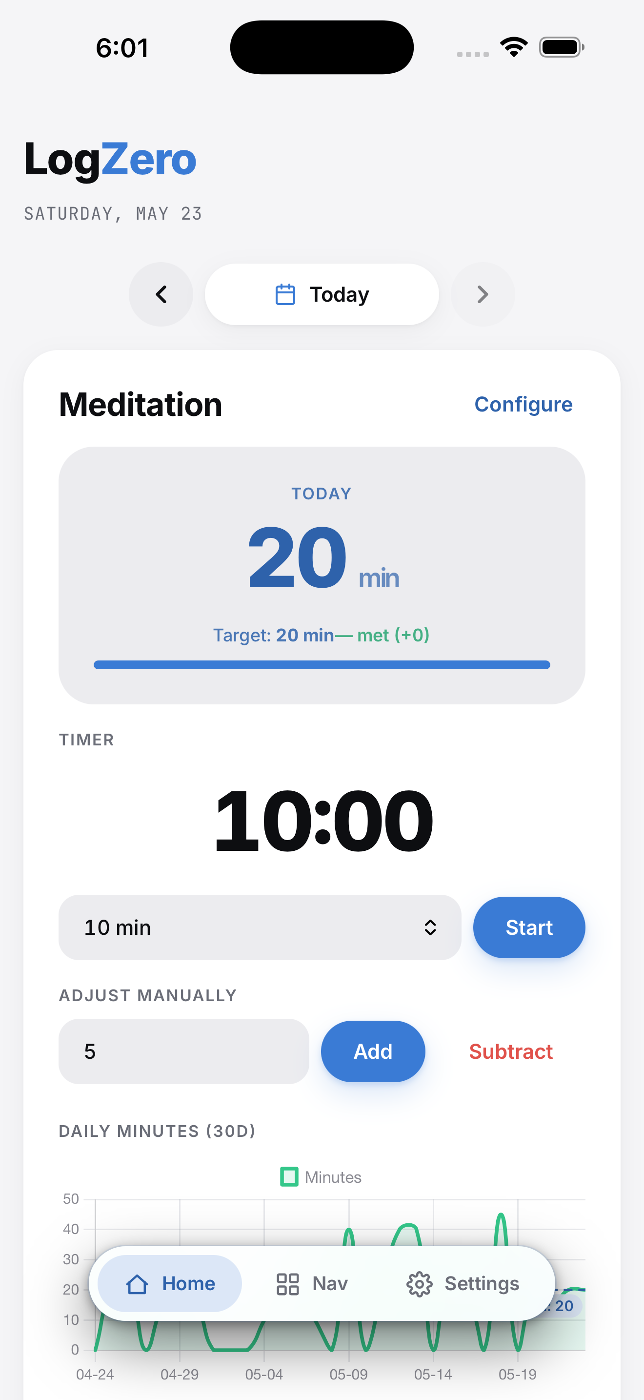 LogZero meditation timer — preset durations and streaks