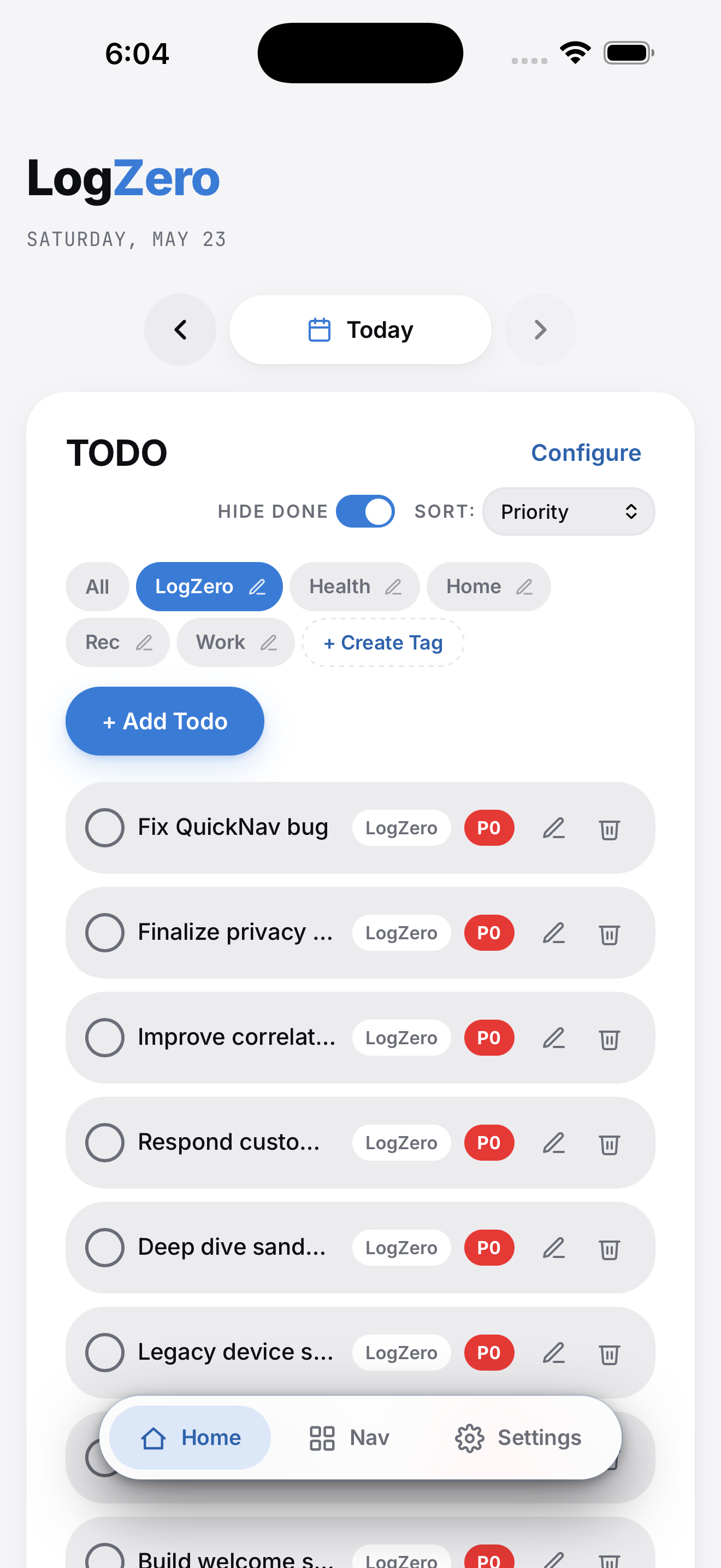 LogZero TODO list — priorities and tags