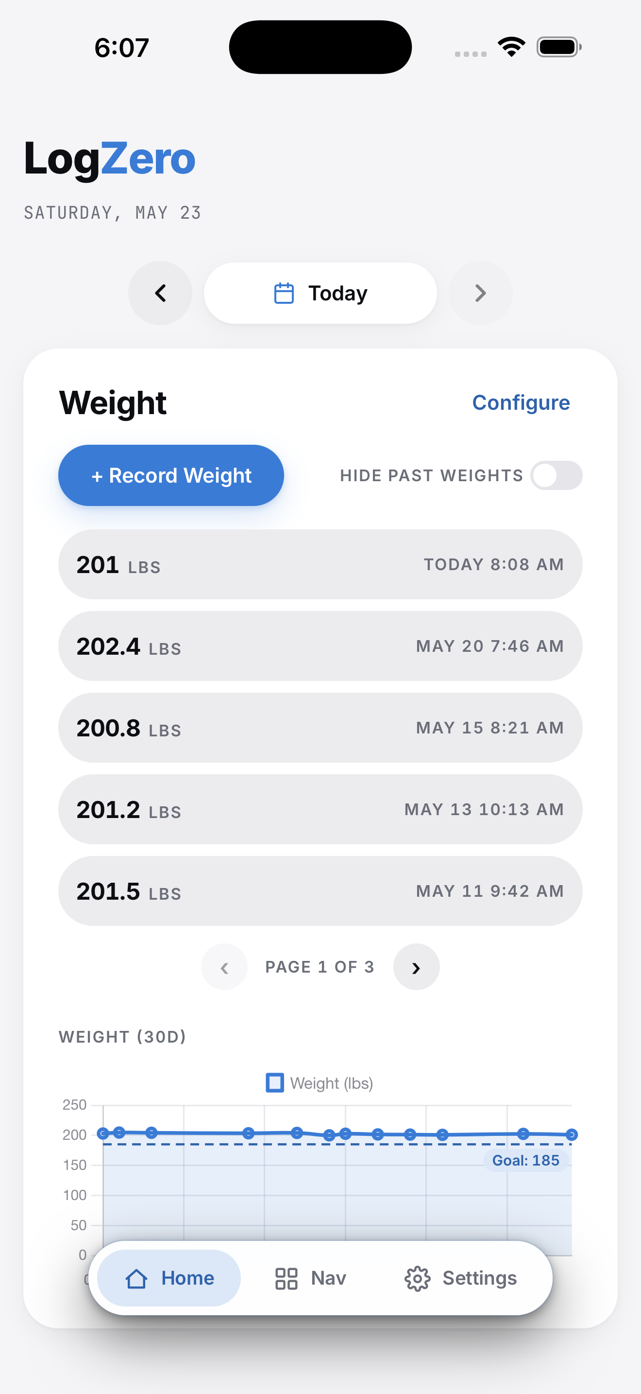 LogZero weight tracker — 30-day trend with visible data points